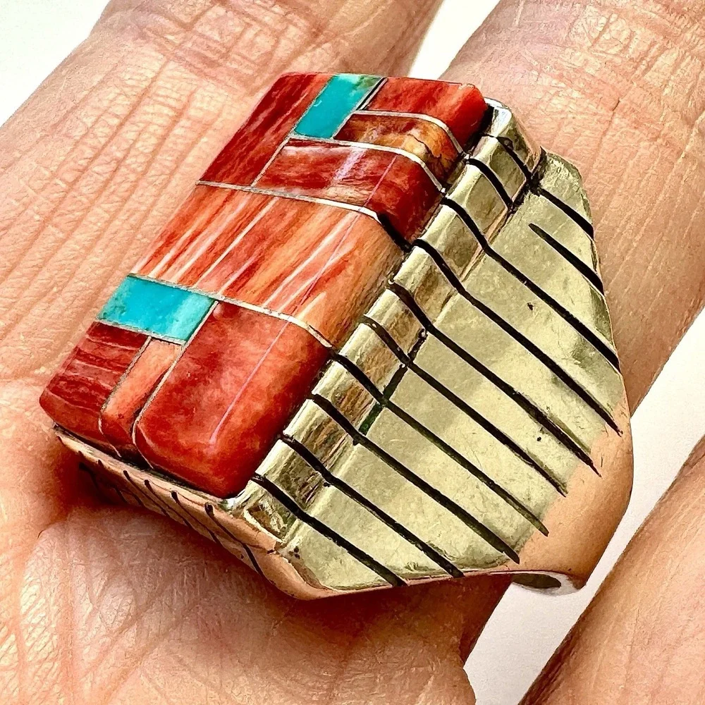 Turquoise Multi Stone Inlay Mens Ring Sz 12.5 Navajo Sterling Signed T Jack 22mm
